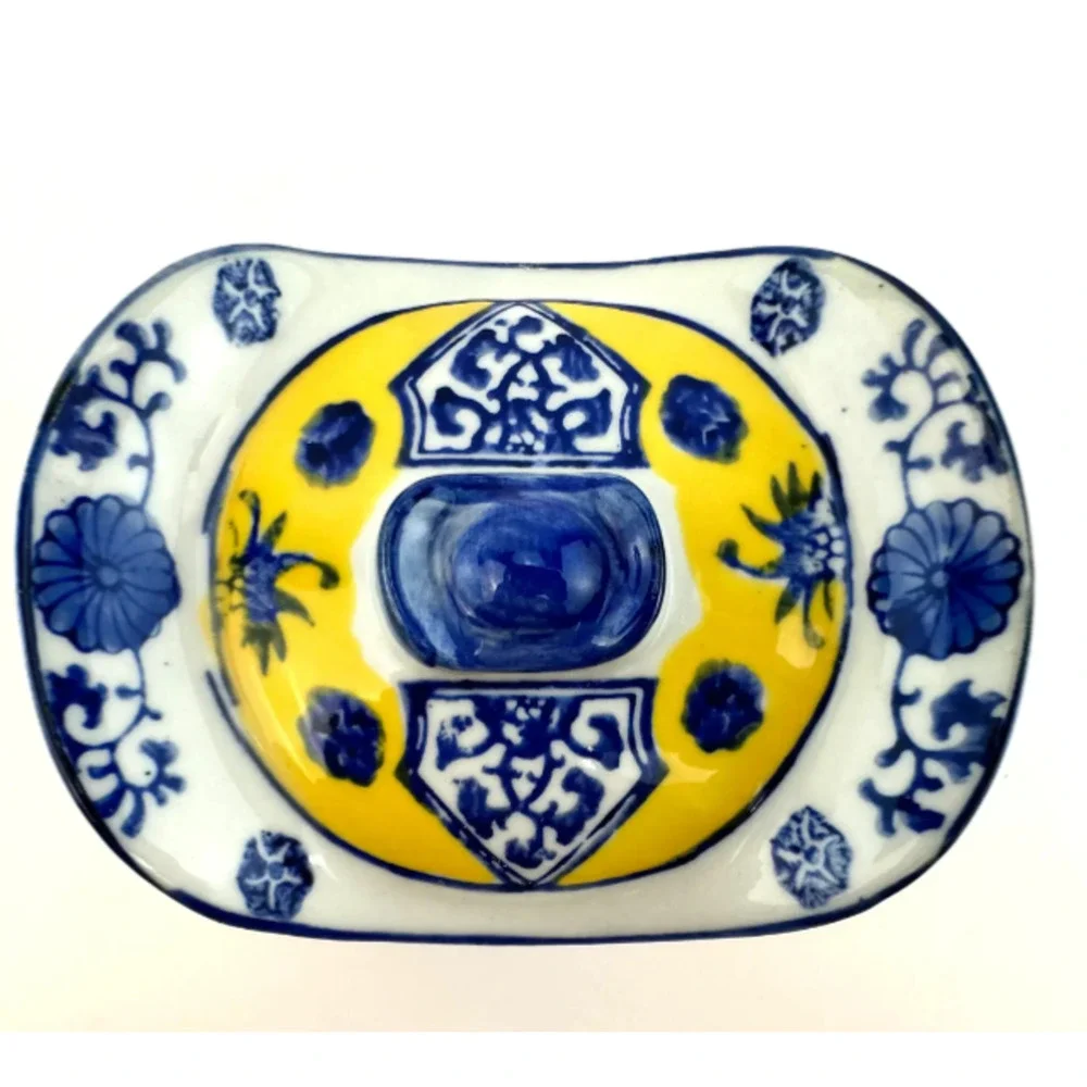 Chinese Vintage 1950s White, Yellow, and Blue Lucky Ingots Shaped Porcelain Box